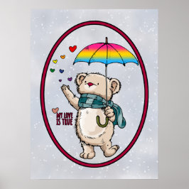 パンセクシャルフラッグカラーの傘を持つ冬のクマ ポスター