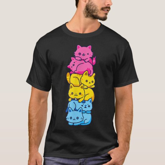 パンセクシャルプライド猫LGBTパンフラッグ非バイナリかわいいC Tシャツ (正面)