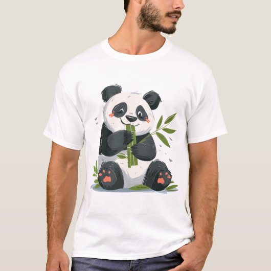 パンダが竹を食べる - ミニマリスト動物 Tシャツ (正面)