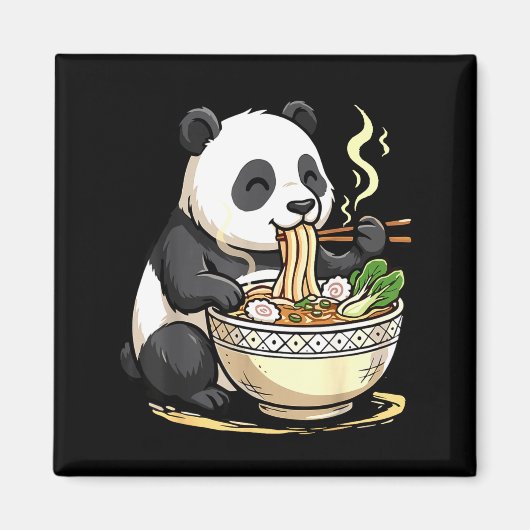 パンダが面白おかしくラーメンを食べている マグネット (正面)