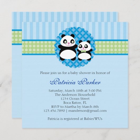 パンダくまの男の子のベビーシャワーの招待状 招待状 (正面/裏面)