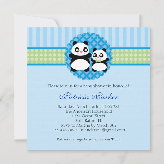 パンダくまの男の子のベビーシャワーの招待状 招待状 (正面)