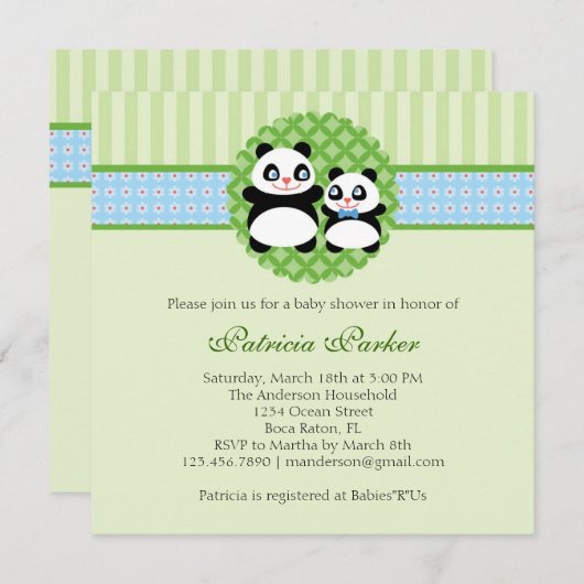 パンダくまの男の子のベビーシャワーの招待状 招待状 (正面/裏面)