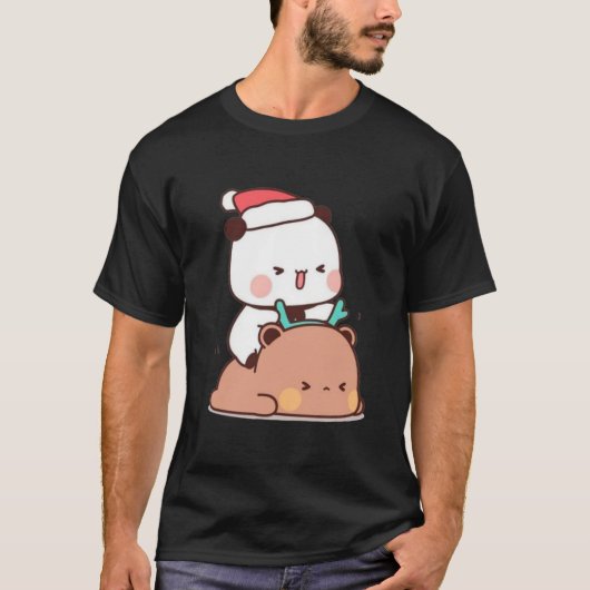 パンダとブラウニーのクマのカップル、メリークリスマス Tシャツ (正面)