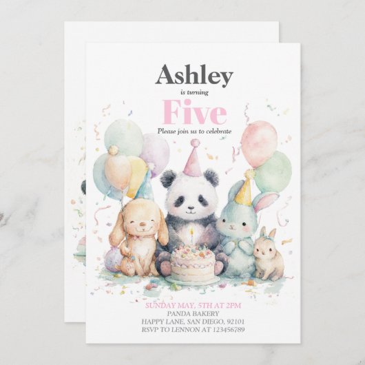 パンダと友人の誕生日とパーティの招待状 招待状 (正面/裏面)