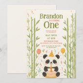 パンダと竹とケーキの1歳誕生日 招待状 (正面/裏面)