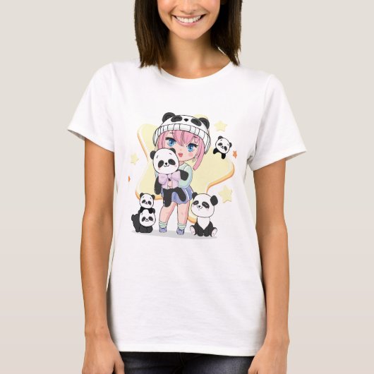 パンダのおもちゃに囲まれたかわいいアニメ少女 Tシャツ (正面)
