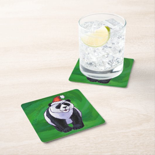 パンダのクマがサンタハットを着たグリーン スクエアペーパーコースター (インサイチュ)