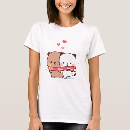 パンダのクマのカップル、かわいいブブとデュデュのハグの愛 Tシャツ (正面)