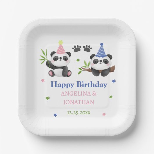 パンダの男の子と女の子の合同誕生日  ペーパープレート (正面)