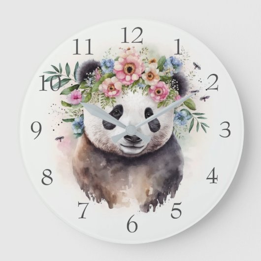 パンダの花の水彩画 ラージ壁時計 (正面)