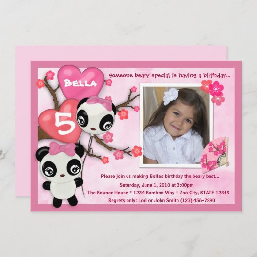 パンダの誕生日の招待のピンクの黒(写真) 招待状 (正面/裏面)