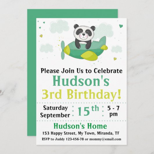 パンダの誕生日の招待 招待状 (正面/裏面)