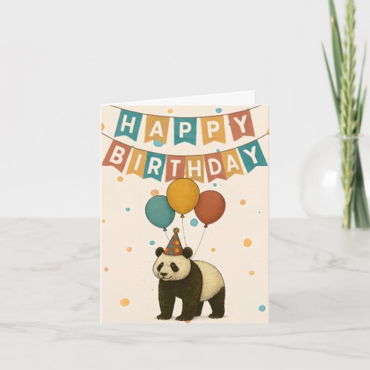 パンダの誕生日カード – 風船を持った愛らしい動物 カード (正面)
