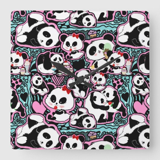 パンダを見つけろ!パンダドードルズ スクエア壁時計 (正面)