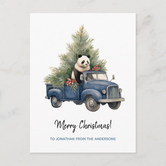 パンダインおもしろいブルーレトロトラッククリスマス シーズンポストカード (正面)