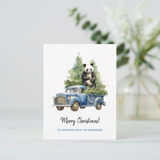 パンダインおもしろいブルーヴィンテージバンクリスマス シーズンポストカード (スタンド正面)