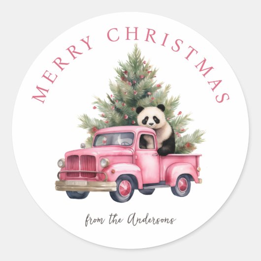 パンダインピンクヴィンテージトラッククリスマスホリデー ラウンドシール (正面)