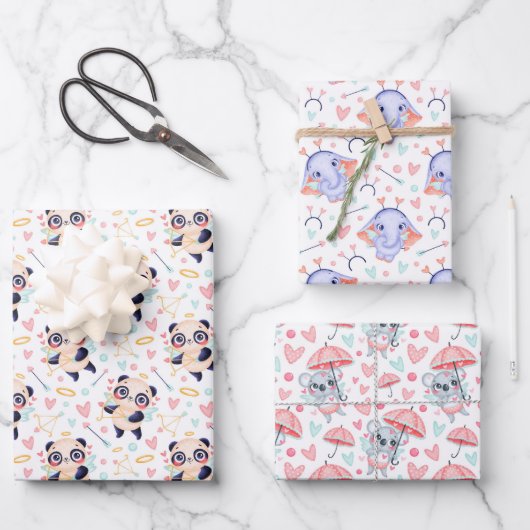 パンダエレファントコアララブラッピング紙セット3 ラッピングペーパーシート (正面)