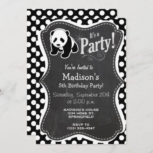 パンダオンブラックアンドホワイト水玉模様 招待状 (正面/裏面)