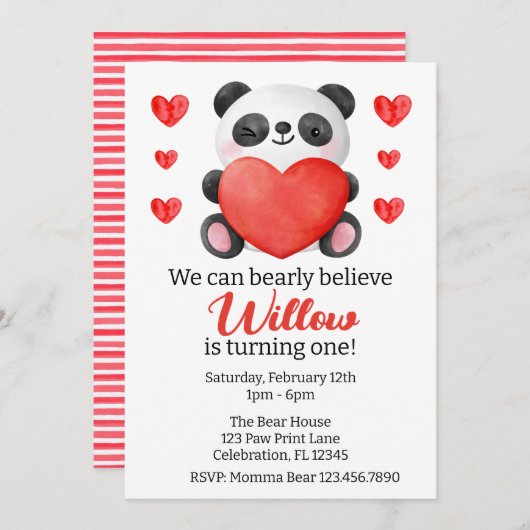 パンダガールwithハートバレンタインファースト誕生日 招待状 (正面/裏面)