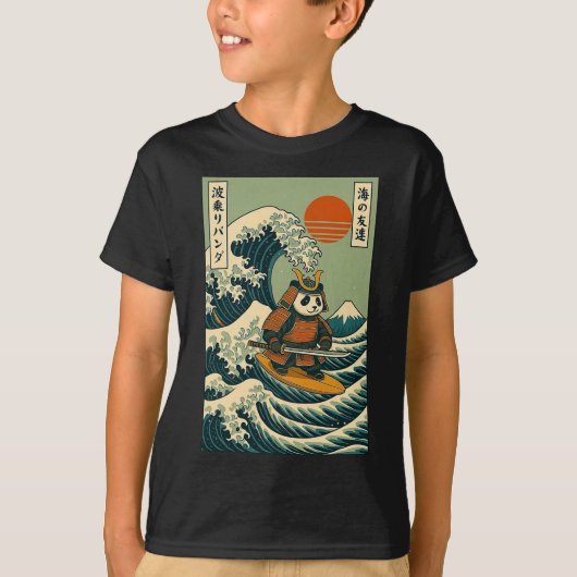 パンダサムライ日本波サーフィン Tシャツ (正面)