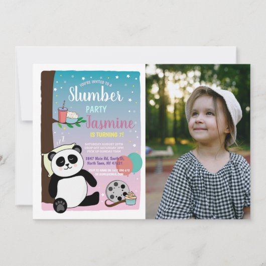 パンダスランバーパーティー誕生日映画ポップコーン写真 招待状 (正面)