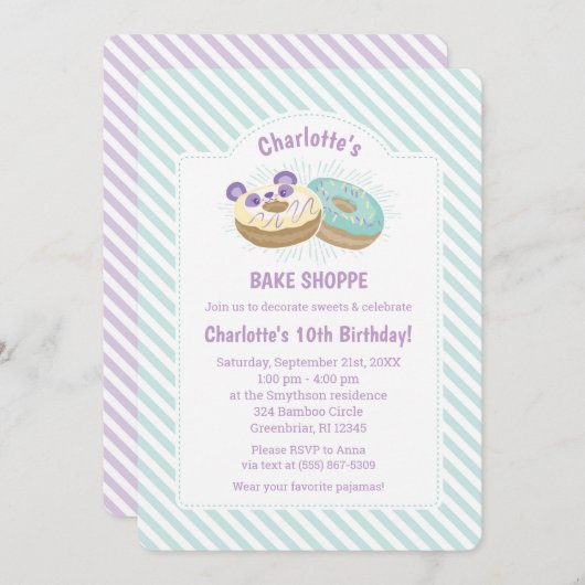パンダドナツパープルアンドグリーンベーカリー誕生日 招待状 (正面/裏面)