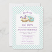 パンダドナツパープルアンドグリーンベーカリー誕生日 招待状 (正面)