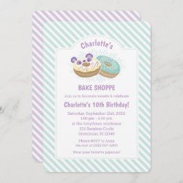 パンダドナツパープルアンドグリーンベーカリー誕生日 招待状