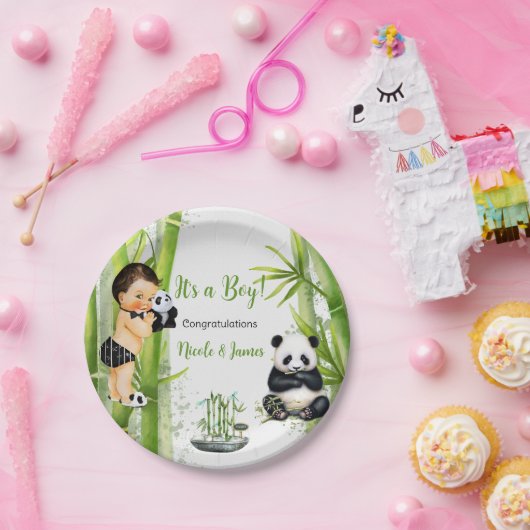 パンダバンブテーマ男の赤ちゃん白黒グリーン ペーパープレート (パーティー)