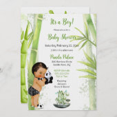 パンダバンブテーマ男の赤ちゃん白黒グリーン 招待状 (正面/裏面)