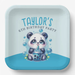 パンダブルーボバブルティーバースデーパーティー ペーパープレート