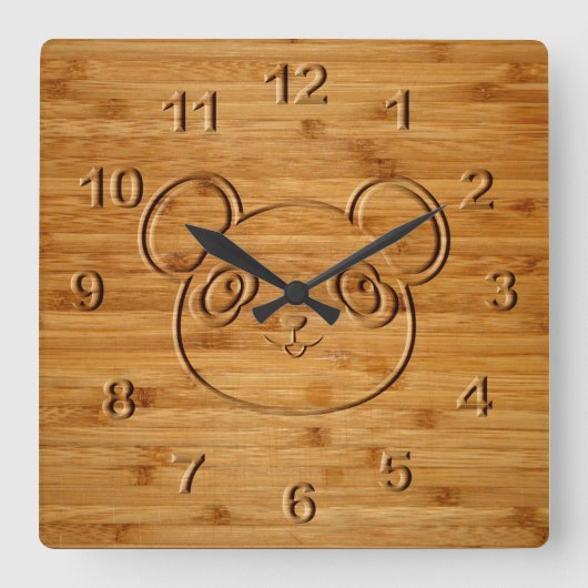 パンダベアの彫刻 竹プリント スクエア壁時計 (正面)