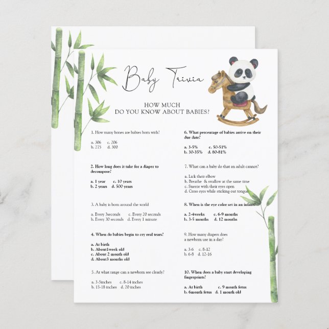 パンダベアベビートリビア | 赤ちゃんシャワーゲーム (正面/裏面)