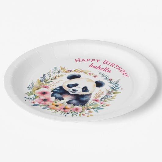 パンダベアーインフラワーガールズガールパーソナライズされた誕生日 ペーパープレート (アングル)