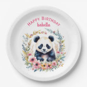 パンダベアーインフラワーガールズガールパーソナライズされた誕生日 ペーパープレート (正面)