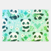 パンダベアーパターングリーンプリント ラッピングペーパーシート (正面)