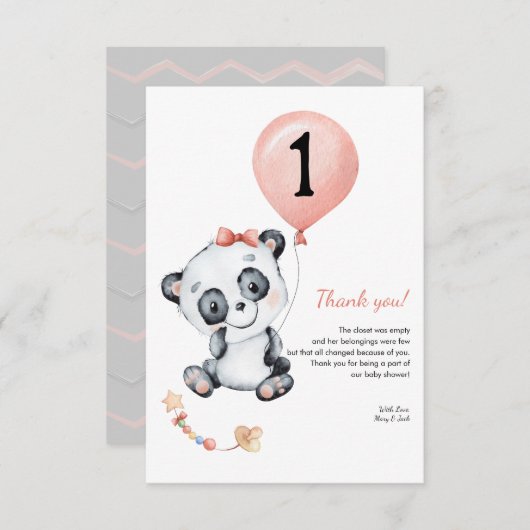 パンダベビーガール1st誕生日パーティーありがとう サンキューカード (正面/裏面)