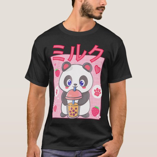 パンダボバ茶バブルティーアニメかわいいイチゴ Tシャツ (正面)