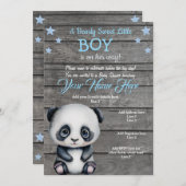 パンダボーイベビーシャワー招待状、素朴なブルーボーイ 招待状 (正面/裏面)