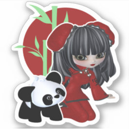 パンダ中国のと竹の可愛い少女 シール