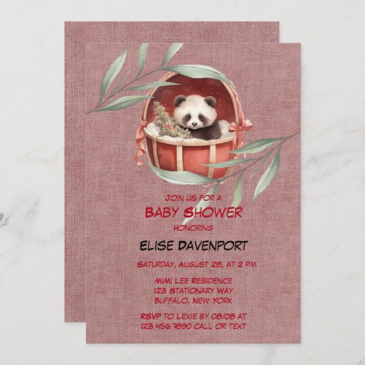 パンダ熊男女兼用赤ちゃんシャワー 招待状 (正面/裏面)