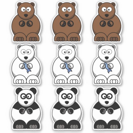 パンダ、ホッキョクグマ、ヒグマのキャラクター シール (正面)