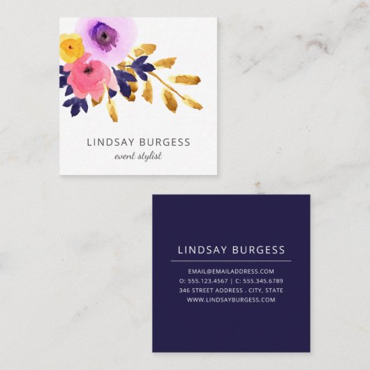 パンチー花びら |水彩フローラ |サイドデザイン スクエア名刺 (正面/裏面)