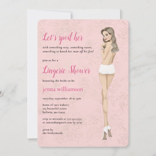 パンティのランジェリーシャワーを浴びたピンクの花嫁 招待状 (正面)