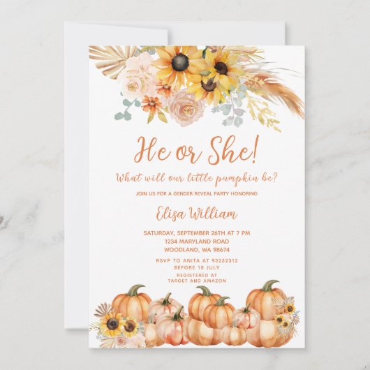 パンパスグラスさびオレンジカボチャ性別リビール 招待状 (正面)