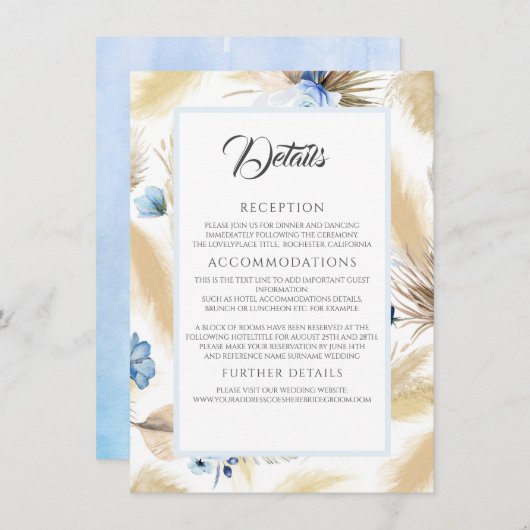 パンパスグラスとダスティブルーフラワー結婚ズの詳細 エンクロージャーカード (正面/裏面)