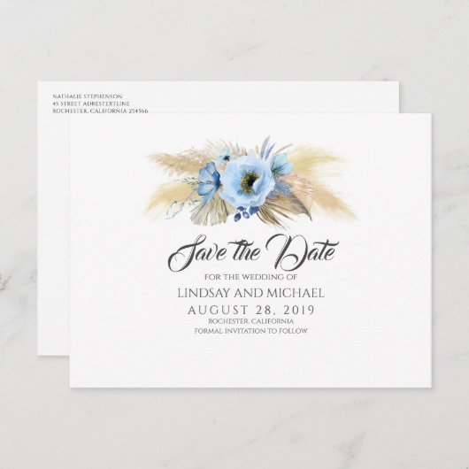 パンパスグラスとダスティーブルーの花デートを保存 ポストカード (正面/裏面)