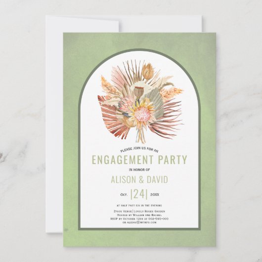 パンパスグラスとパームセージ緑の婚約パーティ 招待状 (正面)